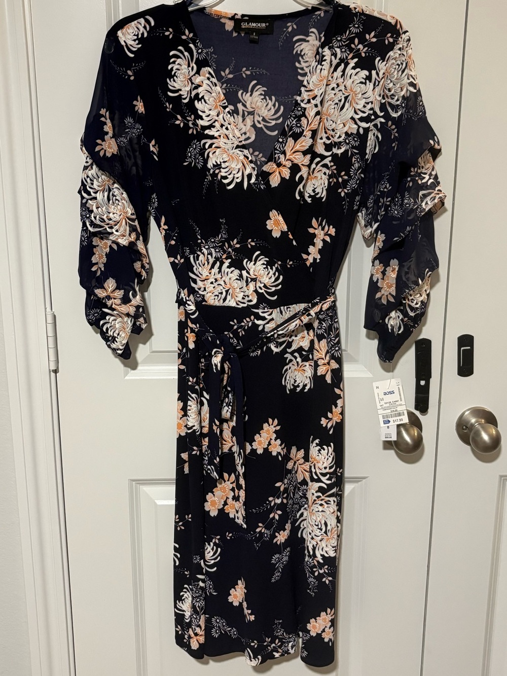 Glamour Black Floral Belted Midi Dress Size 8 NWT